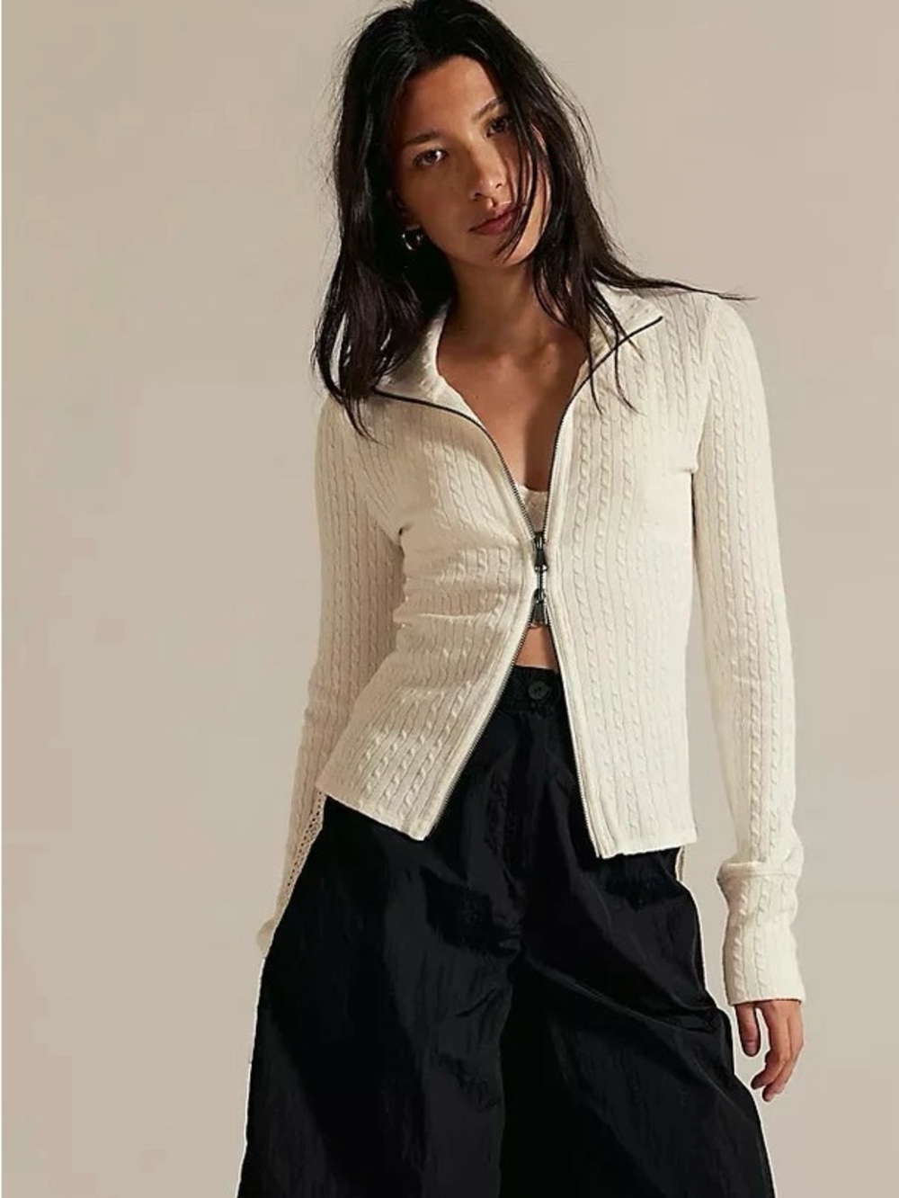 NWT Free People We The Free Size XS Ivory Cable Knit Zip Up Top